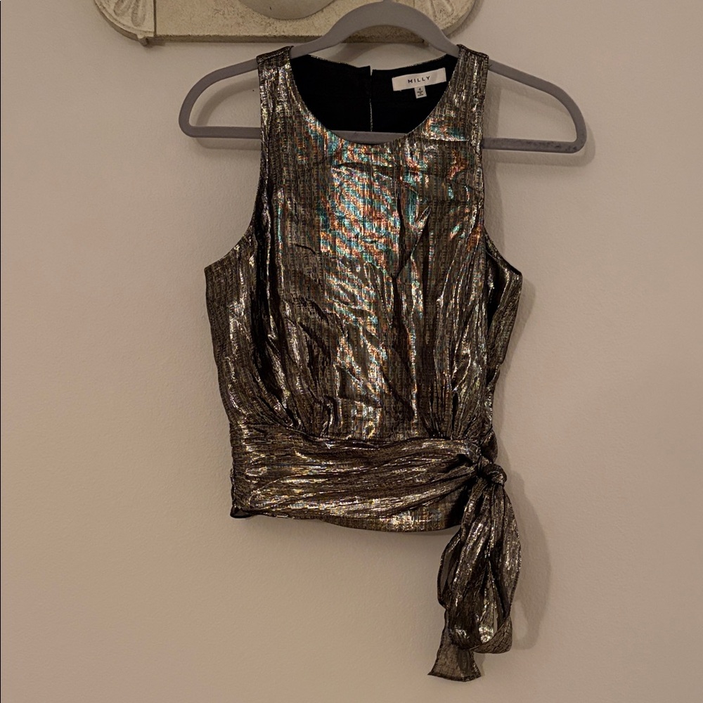 Milly Silk Metallic Gold Tie-Waist Sleeveless Camisole
